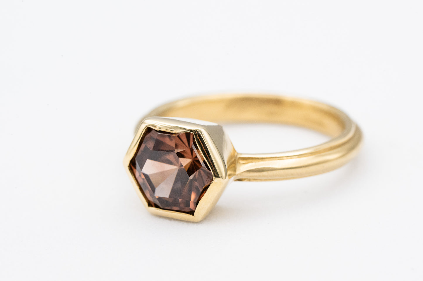 Handmade Tawny Champagne Yellow Gold Hexagon ring with smoky quartz stone.