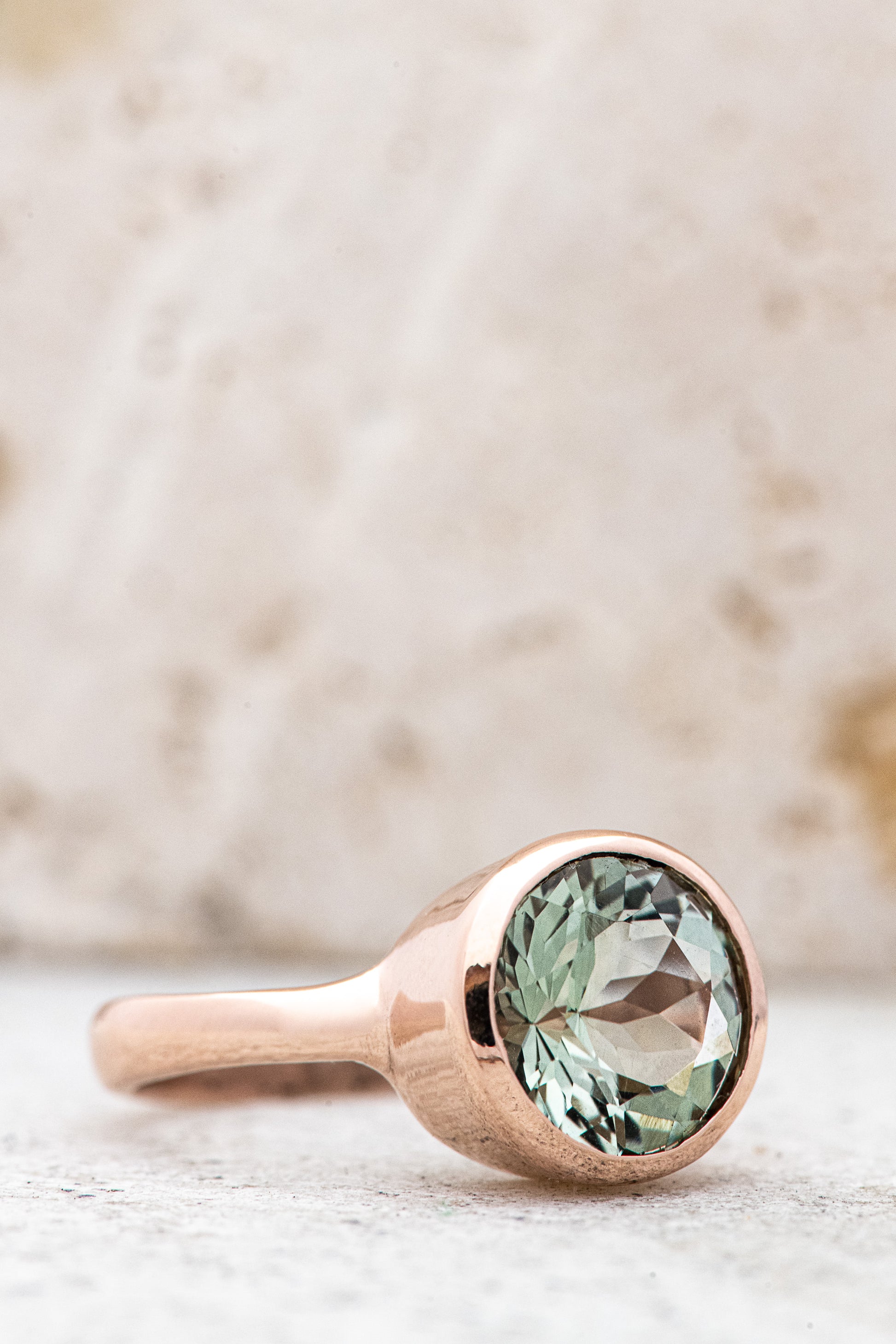 A Round Green Amethyst Ring, handmade in Rose Gold.