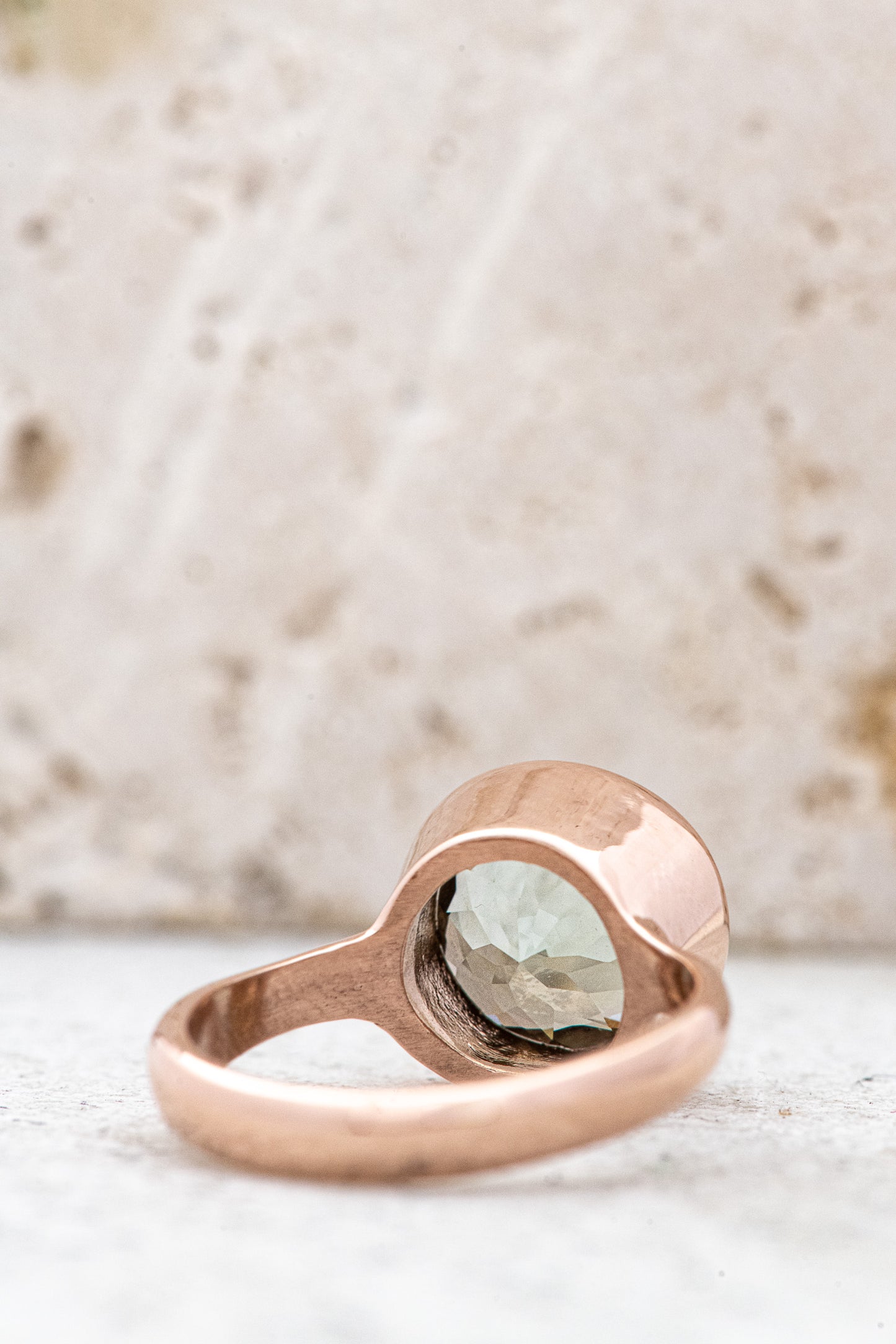 A Handmade Round Green Amethyst Ring, in Rose Gold.