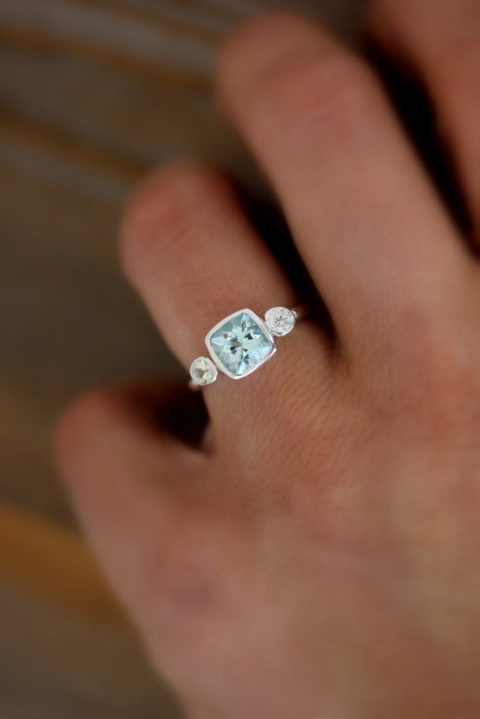 Aquamarine and White Sapphire Cushion Cut Gemstone Ring in Sterling Silver - Madelynn Cassin Designs