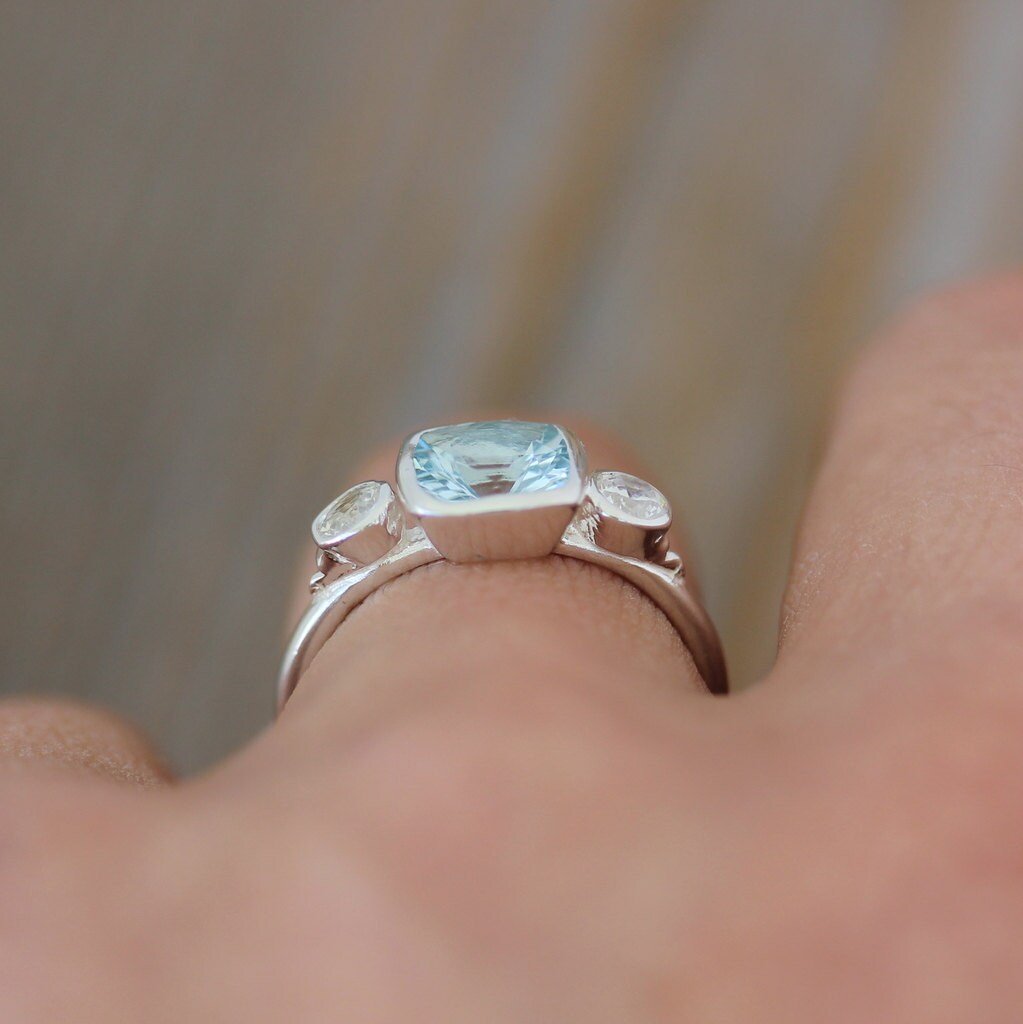 Aquamarine and White Sapphire Cushion Cut Gemstone Ring in Sterling Silver - Madelynn Cassin Designs