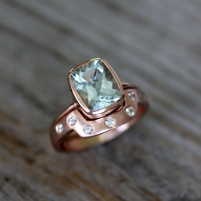 Aquamarine Rose Gold Engagement Ring Wedding Set - Madelynn Cassin Designs
