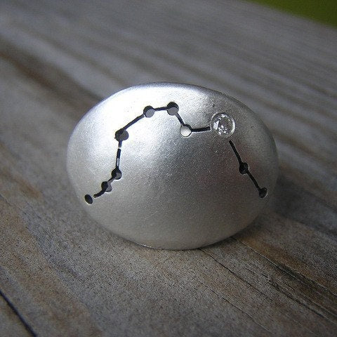 Aquarius Sterling Silver Ring, Constellation Ring with Diamond - Madelynn Cassin Designs
