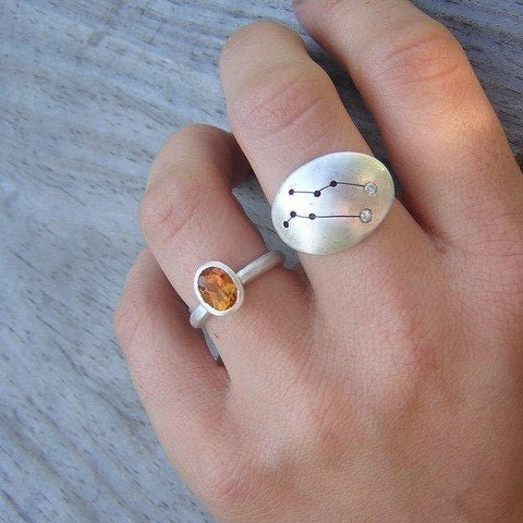 Aquarius Sterling Silver Ring, Constellation Ring with Diamond - Madelynn Cassin Designs
