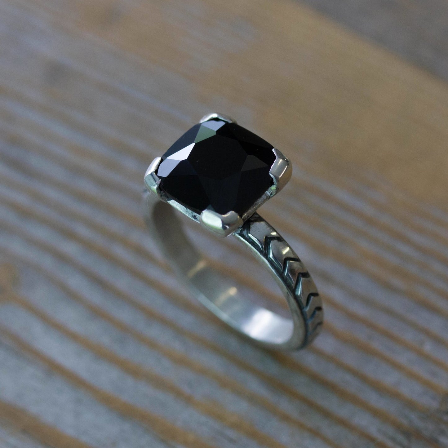 Art Deco Black Spinel Ring, Gothic Engagement Ring, Cushion Gemstone Ring in Oxidized Black Silver, Black Diamond Alternative - Madelynn Cassin Designs