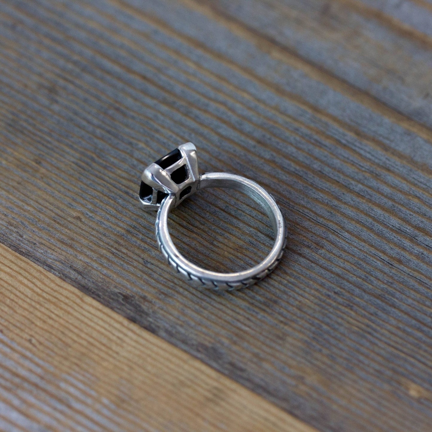 Art Deco Black Spinel Ring, Gothic Engagement Ring, Cushion Gemstone Ring in Oxidized Black Silver, Black Diamond Alternative - Madelynn Cassin Designs