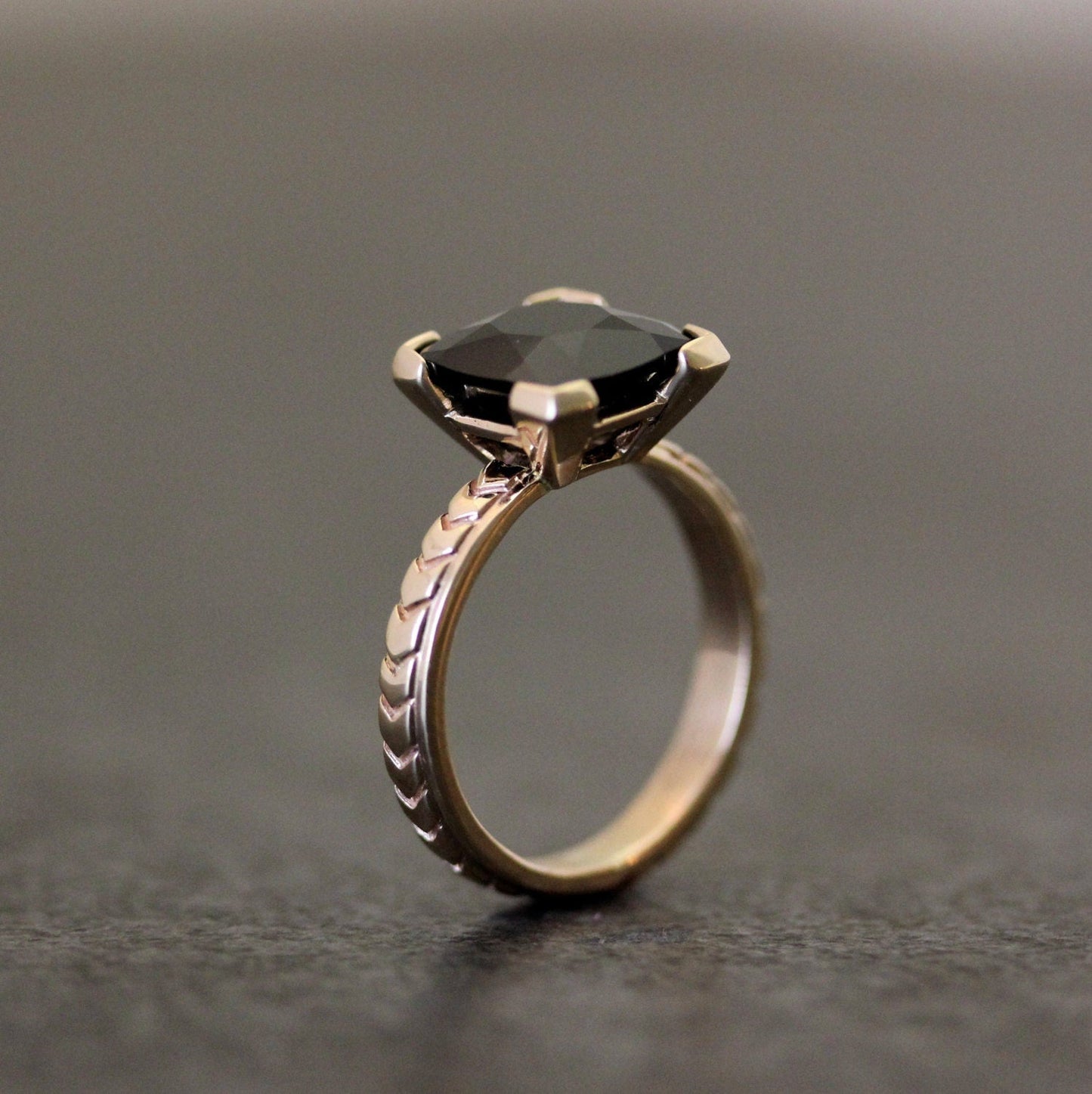 Art Deco Black Spinel Ring, Gothic Engagement Ring, Cushion Gemstone Ring in Oxidized Black Silver, Black Diamond Alternative - Madelynn Cassin Designs