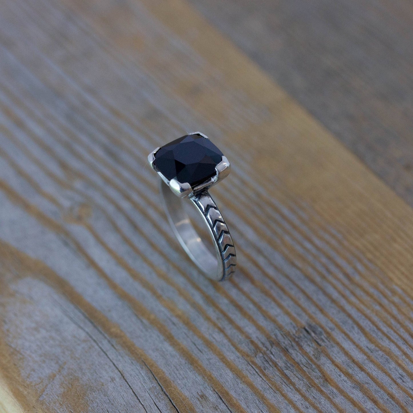 Art Deco Black Spinel Ring, Gothic Engagement Ring, Cushion Gemstone Ring in Oxidized Black Silver, Black Diamond Alternative - Madelynn Cassin Designs