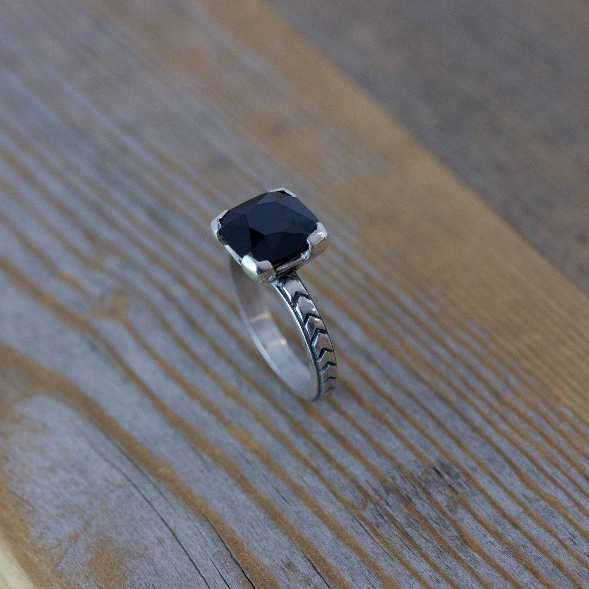 Art Deco Black Spinel Ring, Gothic Engagement Ring, Cushion Gemstone Ring in Oxidized Black Silver, Black Diamond Alternative - Madelynn Cassin Designs