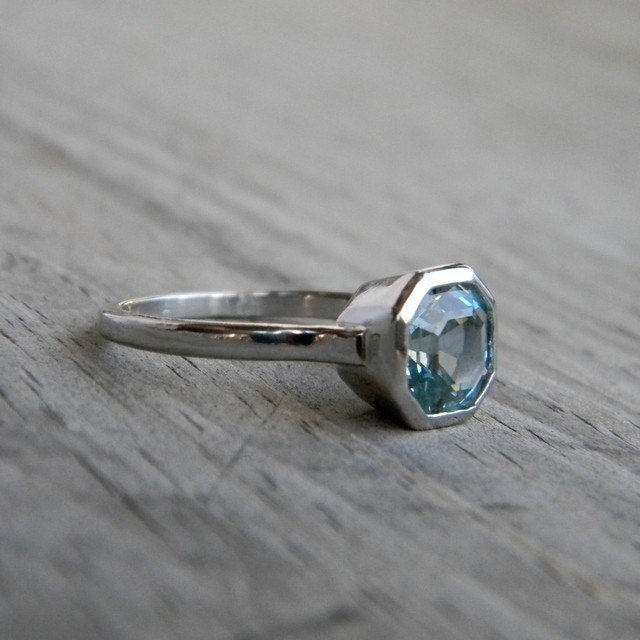 Asscher Cut Aquamarine and 14k Palladium White Gold Ring - Madelynn Cassin Designs