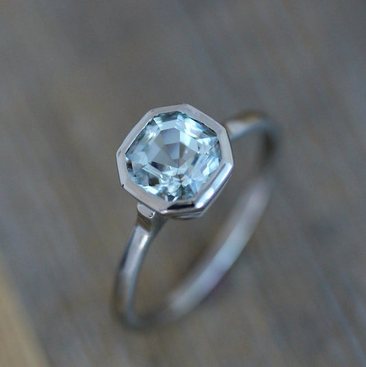 Asscher Cut Aquamarine and 14k Palladium White Gold Ring - Madelynn Cassin Designs