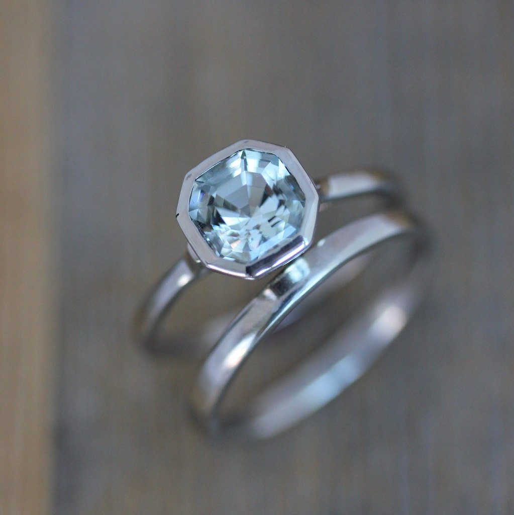 Asscher Cut Aquamarine and 14k Palladium White Gold Ring - Madelynn Cassin Designs