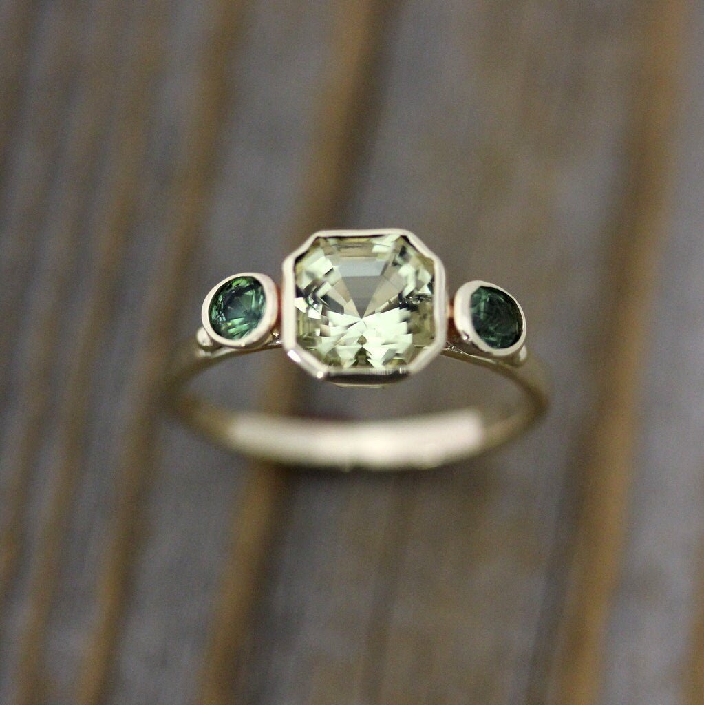 Asscher Cut Beryl and Green Tourmaline Ring - Madelynn Cassin Designs