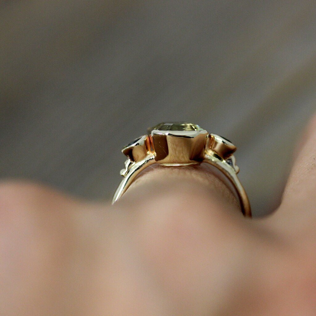 Asscher Cut Beryl and Green Tourmaline Ring - Madelynn Cassin Designs