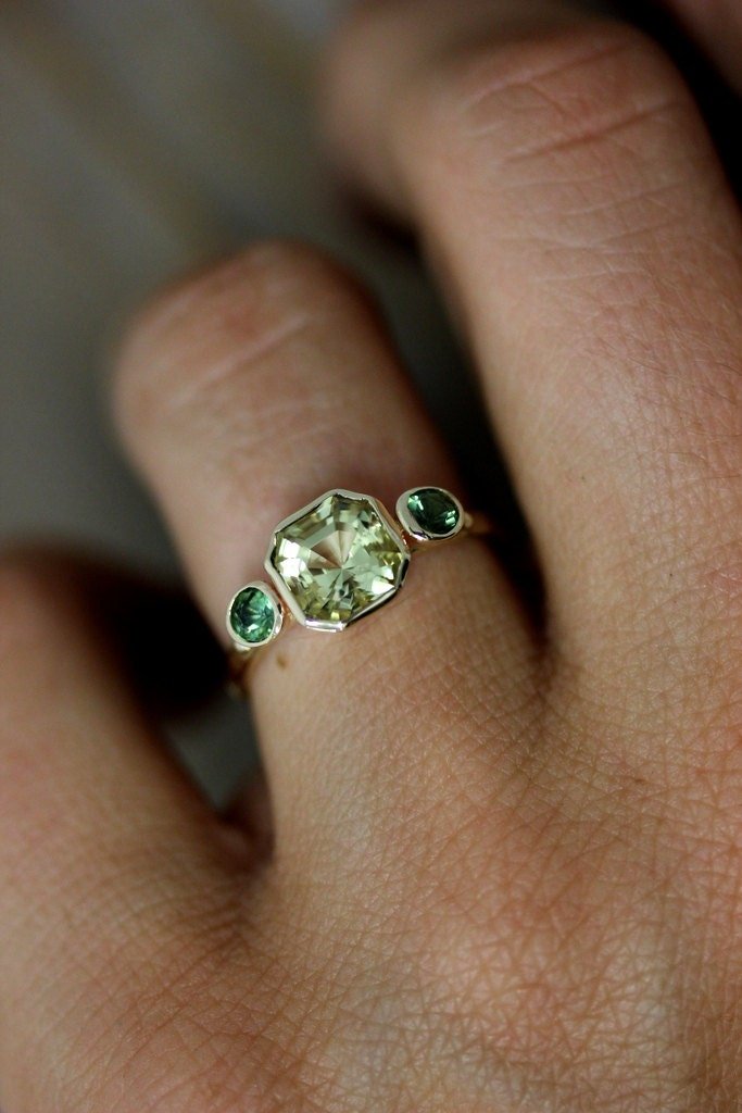 Asscher Cut Beryl and Green Tourmaline Ring - Madelynn Cassin Designs