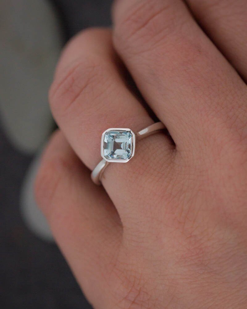 Asscher Cut Blue Aquamarine Ring in Sterling Silver - Madelynn Cassin Designs