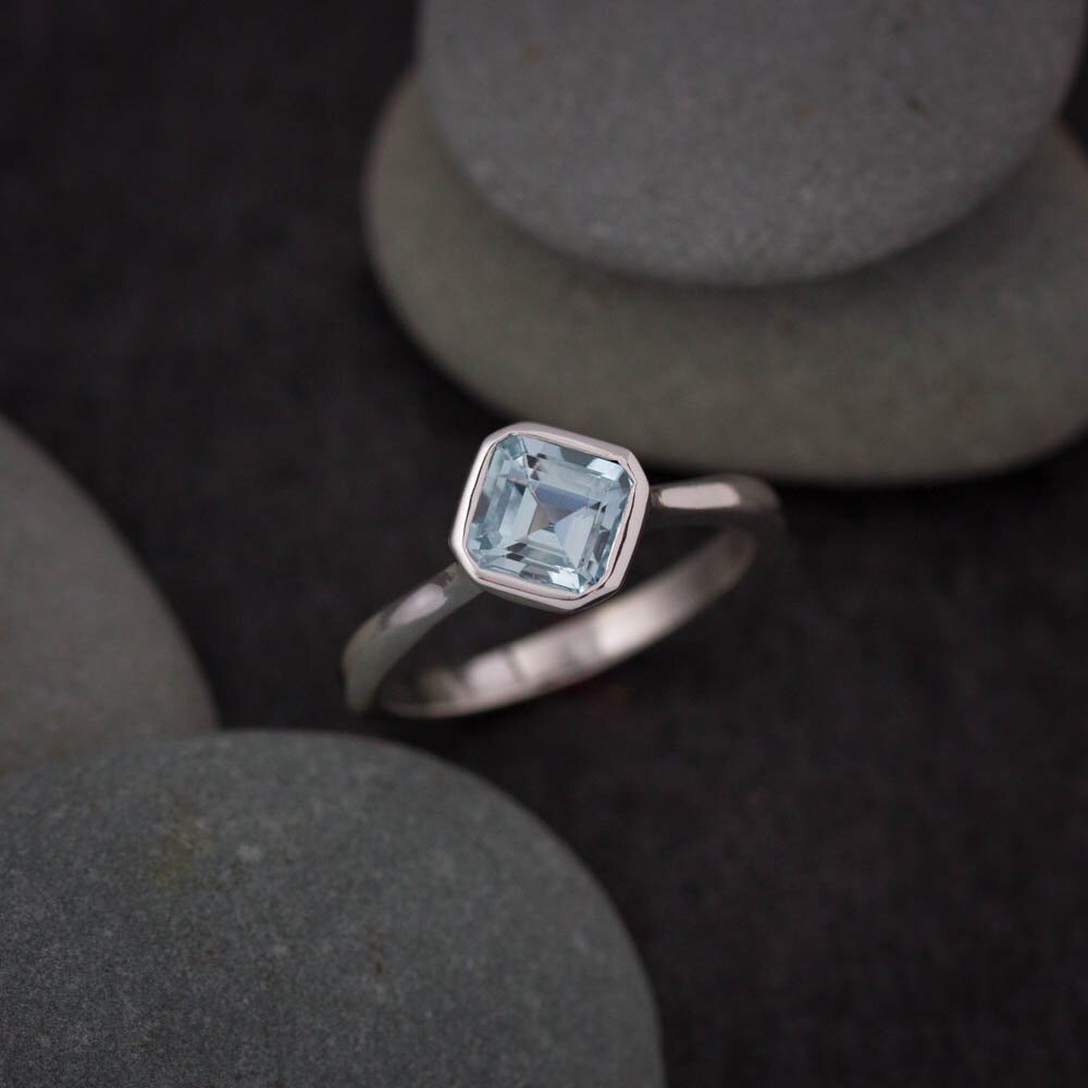 Asscher Cut Blue Aquamarine Ring in Sterling Silver - Madelynn Cassin Designs