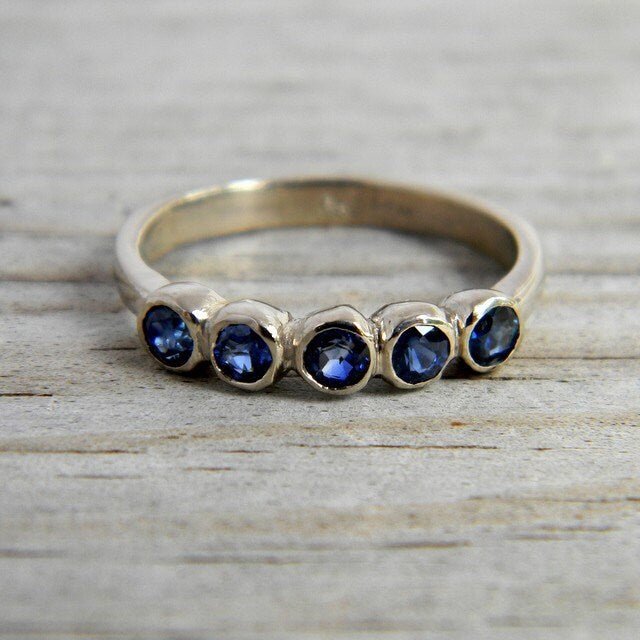 Blue Sapphire Five Stone Ring in 14k PD White Gold - Madelynn Cassin Designs