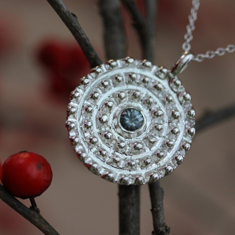 Blue Spinel Necklace in Recycled Sterling Silver, Sundial Pendant - Madelynn Cassin Designs