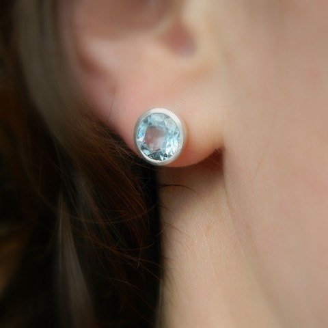 Blue Topaz Stud Earrings in Silver Bezel Posts - Madelynn Cassin Designs