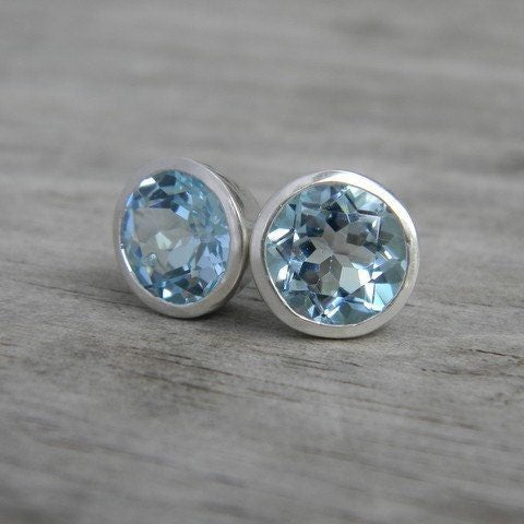 Blue Topaz Stud Earrings in Silver Bezel Posts - Madelynn Cassin Designs