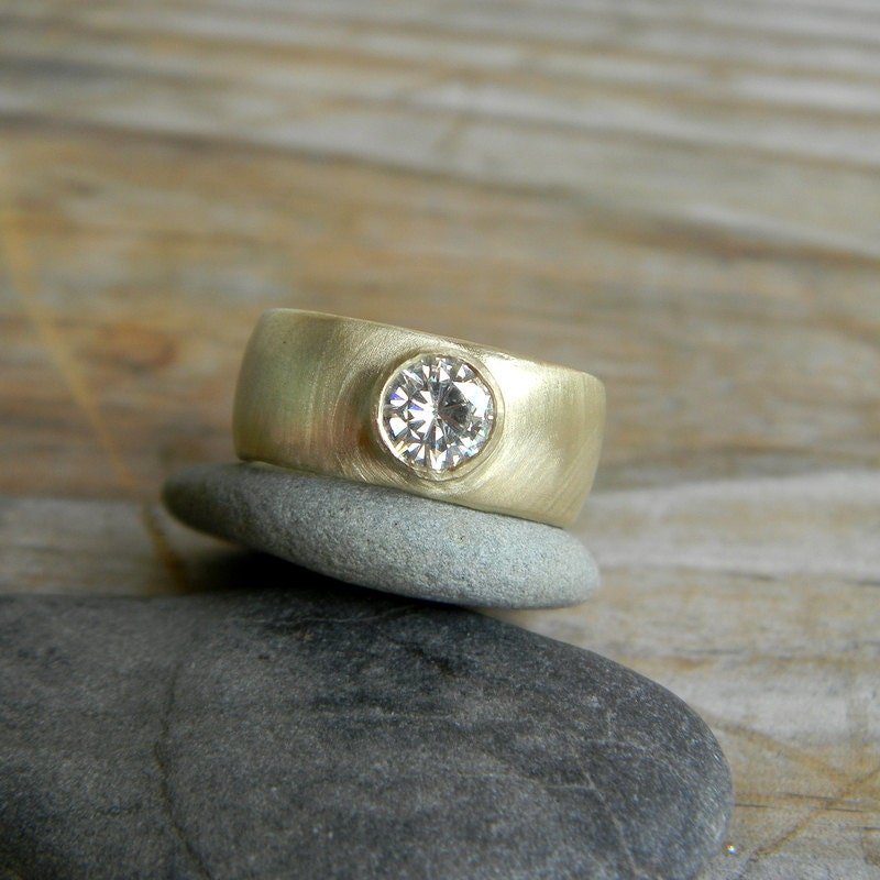 Chunky Gold Engagement Ring, Round Moissanite Wide Band Ring, Thick Band Engagement Ring - Madelynn Cassin Designs