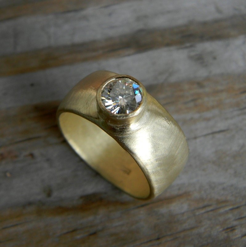 Chunky Gold Engagement Ring, Round Moissanite Wide Band Ring, Thick Band Engagement Ring - Madelynn Cassin Designs