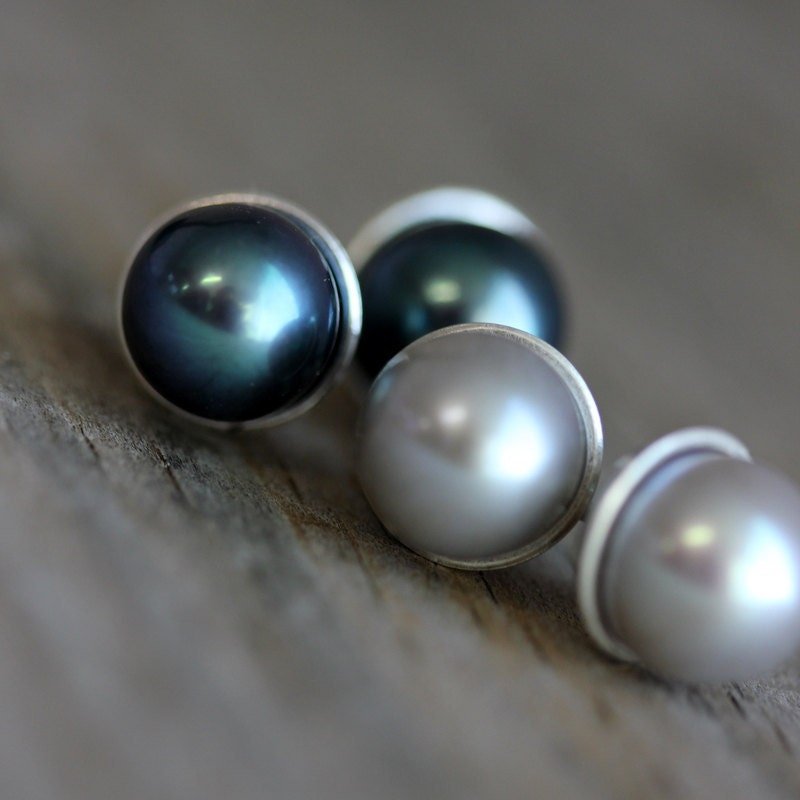 Classic Handmade Pearl Studs, Peacock Pearl 8mm Post Earrings, Freshwater Cultured Pearls - Madelynn Cassin Designs