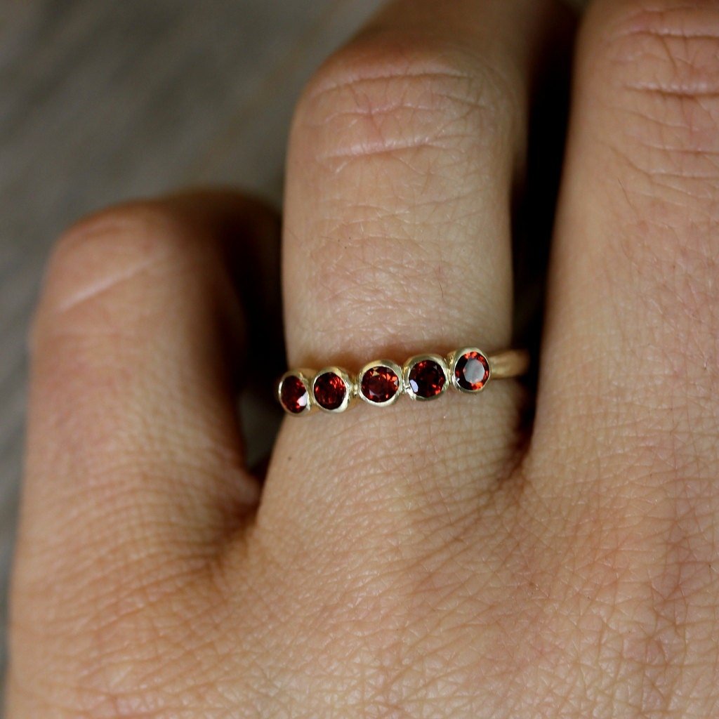 Crimson Red Garnet and 14k Yellow Gold Anniversary Band - Madelynn Cassin Designs