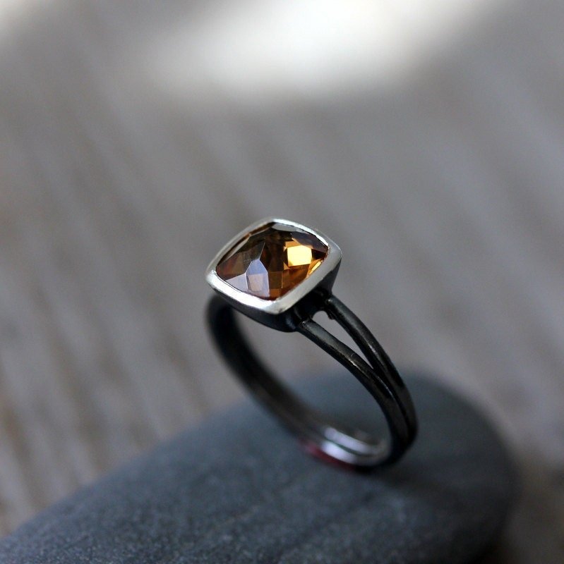 Cushion Citrine Ring Blackened Silver Gemstone Ring - Madelynn Cassin Designs