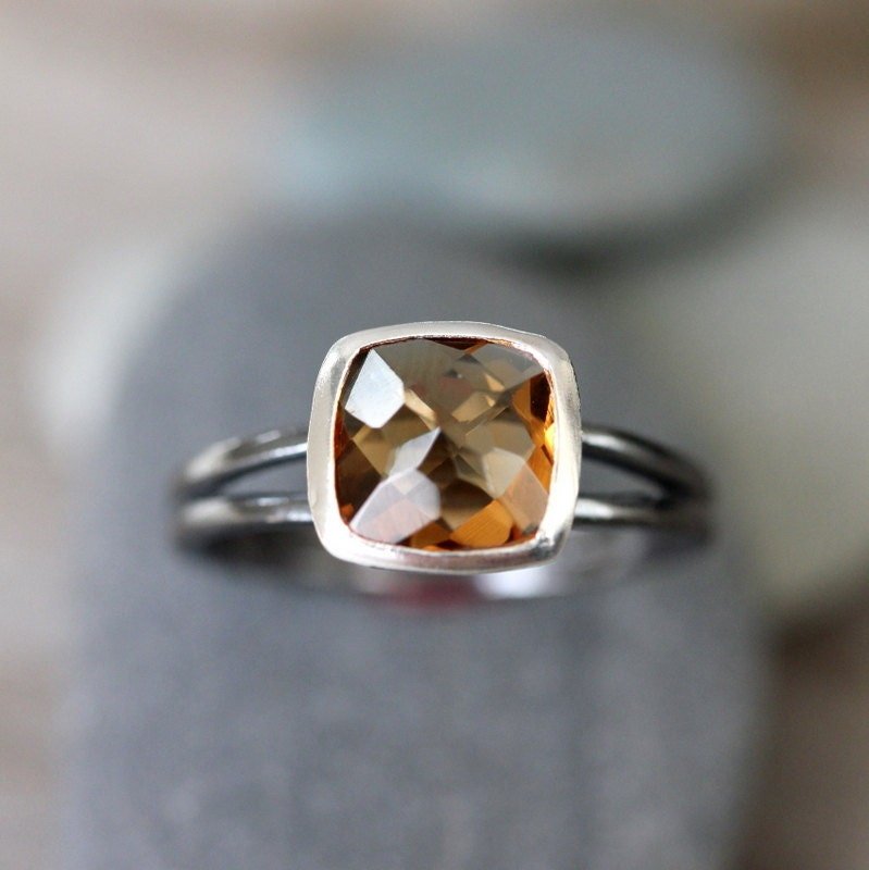 Cushion Citrine Ring Blackened Silver Gemstone Ring - Madelynn Cassin Designs