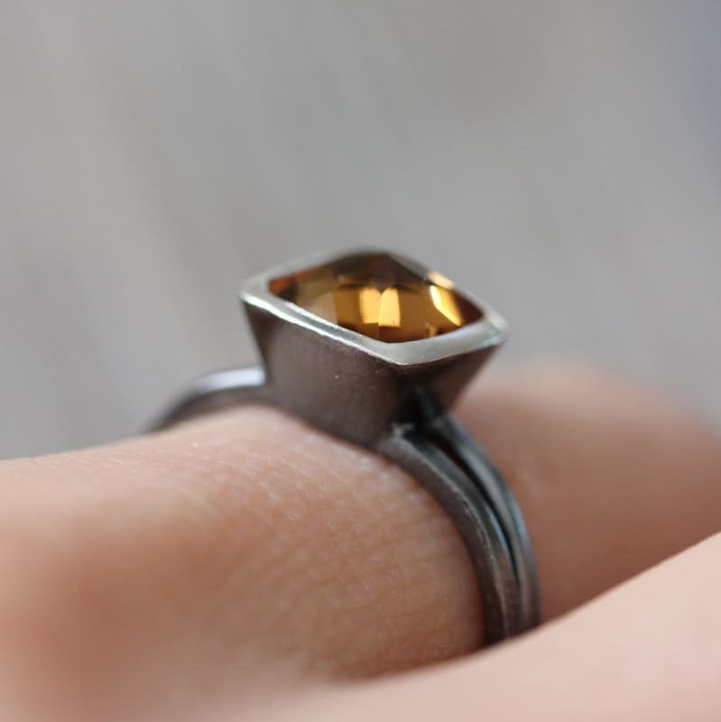 Cushion Citrine Ring Blackened Silver Gemstone Ring - Madelynn Cassin Designs