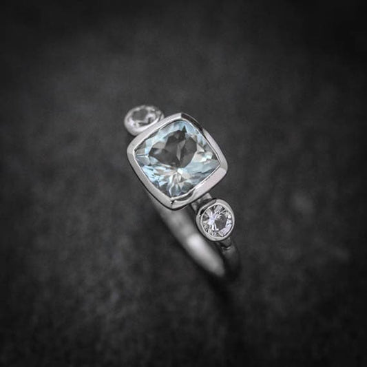 Cushion Cut Aquamarine White Sapphire and White Gold Ring - Madelynn Cassin Designs