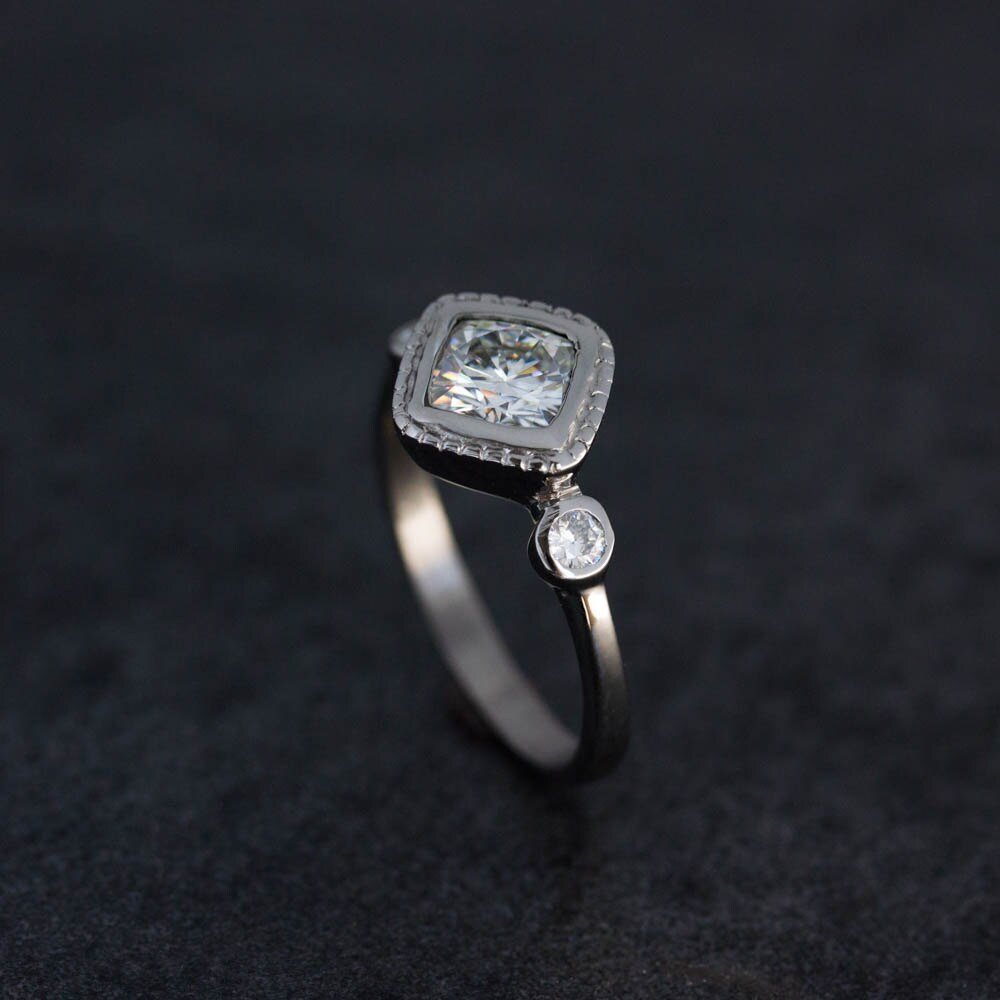 Forever One Three Stone Moissanite Engagement Ring - Madelynn Cassin Designs