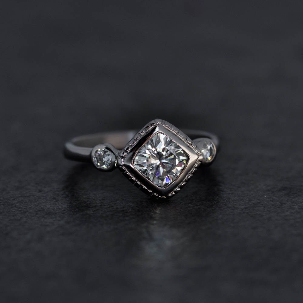 Forever One Three Stone Moissanite Engagement Ring - Madelynn Cassin Designs