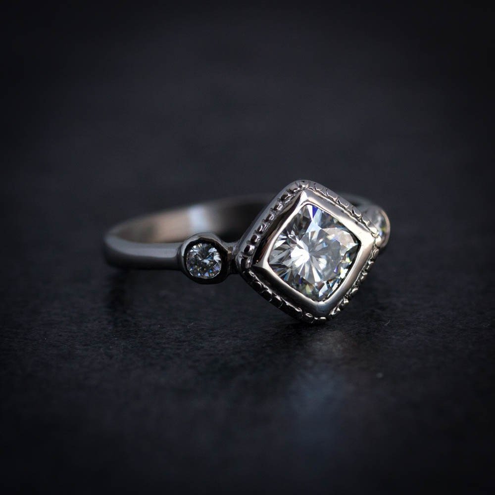 Forever One Three Stone Moissanite Engagement Ring - Madelynn Cassin Designs