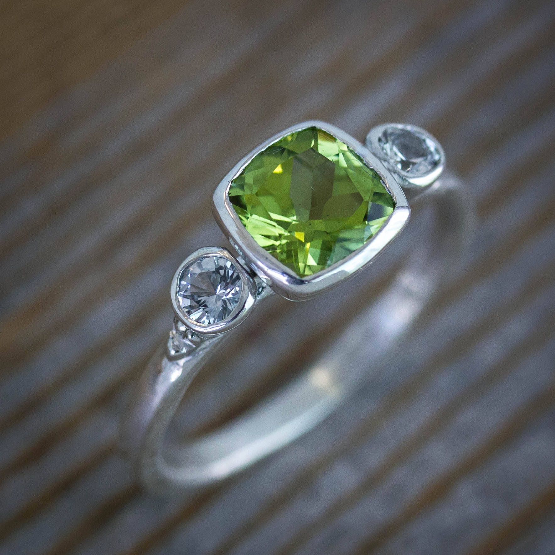 Green Peridot and White Sapphire Three Stone Ring - Madelynn Cassin Designs