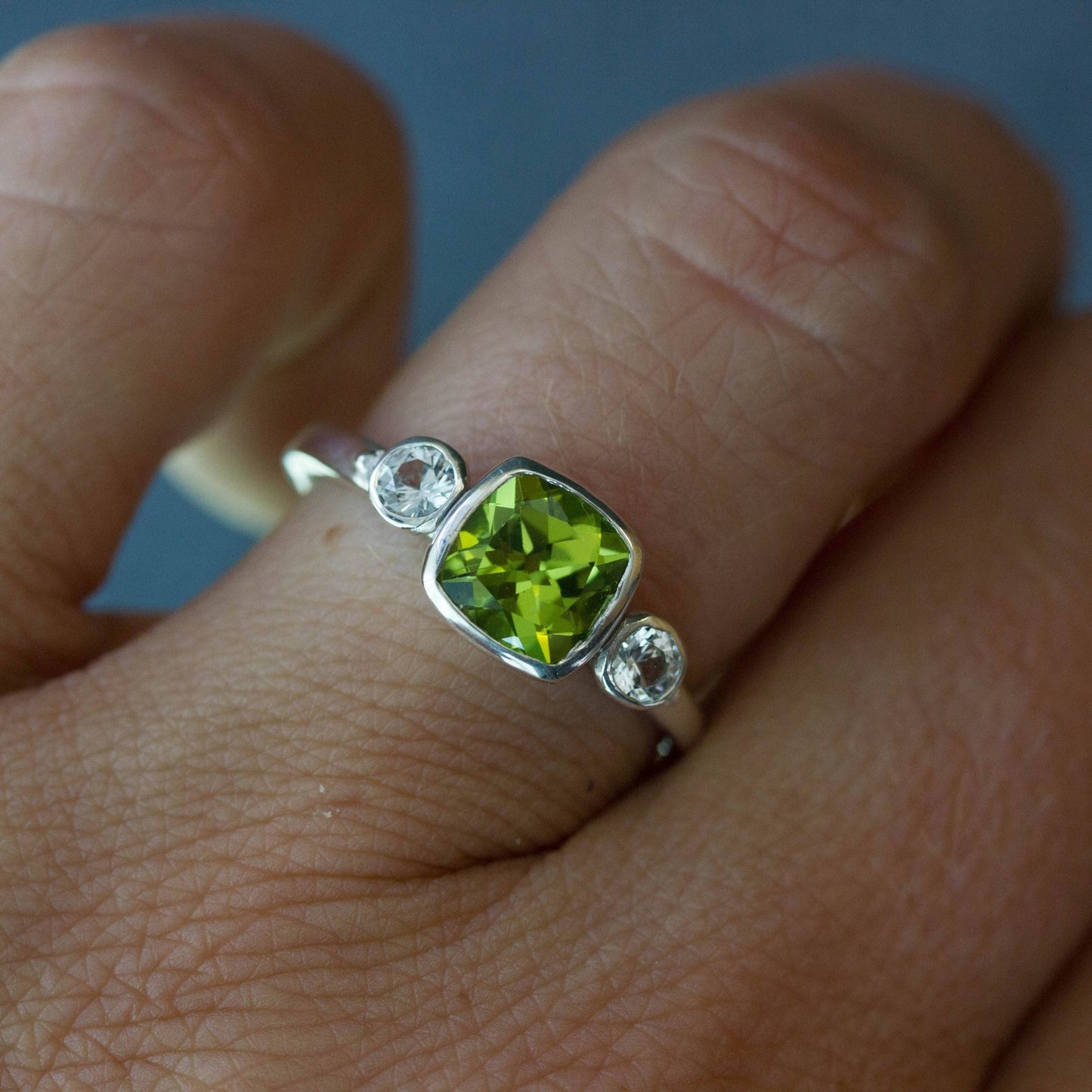 Green Peridot and White Sapphire Three Stone Ring - Madelynn Cassin Designs