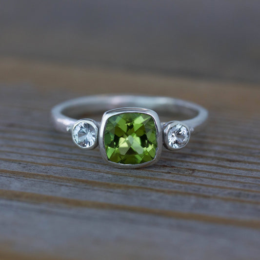 Green Peridot and White Sapphire Three Stone Ring - Madelynn Cassin Designs