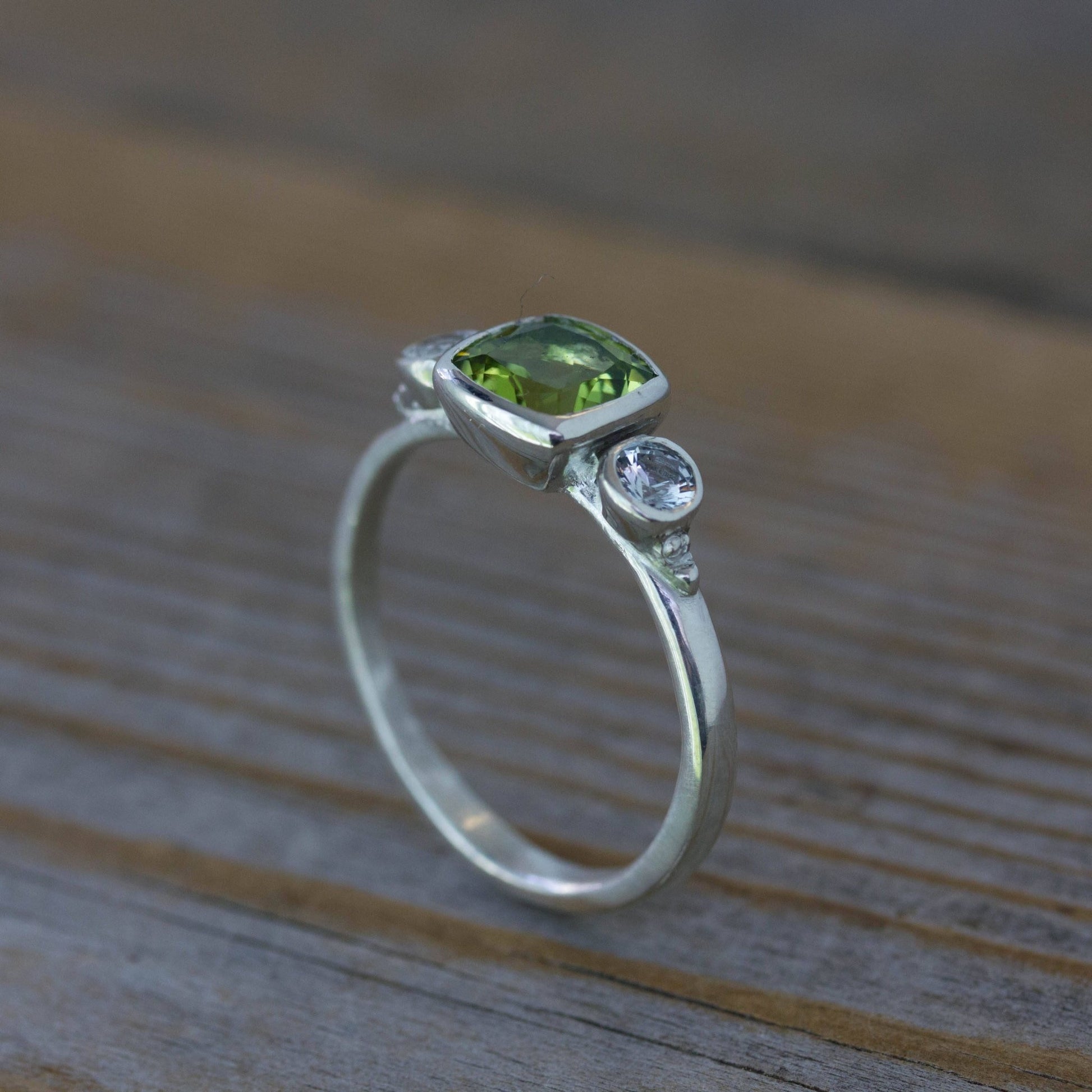 Green Peridot and White Sapphire Three Stone Ring - Madelynn Cassin Designs