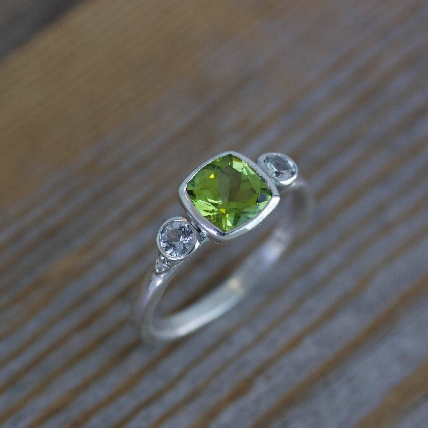 Green Peridot and White Sapphire Three Stone Ring - Madelynn Cassin Designs