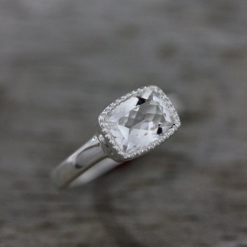 Vintage Inspired White Topaz Cushion Cut Ring in Sterling Silver and Miligrain Bezel Matte / 8.5