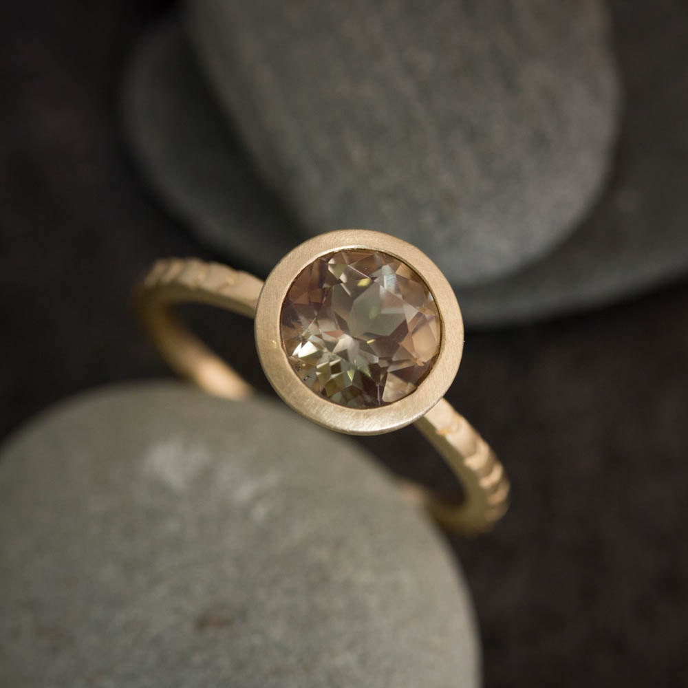 Handmade Oregon Sunstone Gold Ring with smoky quartz stone.