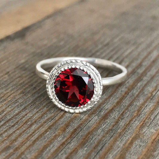 Red Garnet Silver Ring with Milgrain Detail - Madelynn Cassin Designs