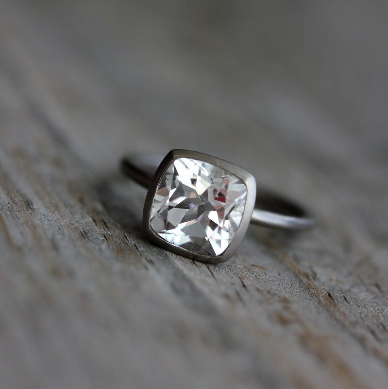 White Topaz Cushion Solitaire in 14k Palladium White Gold Ring - Madelynn Cassin Designs