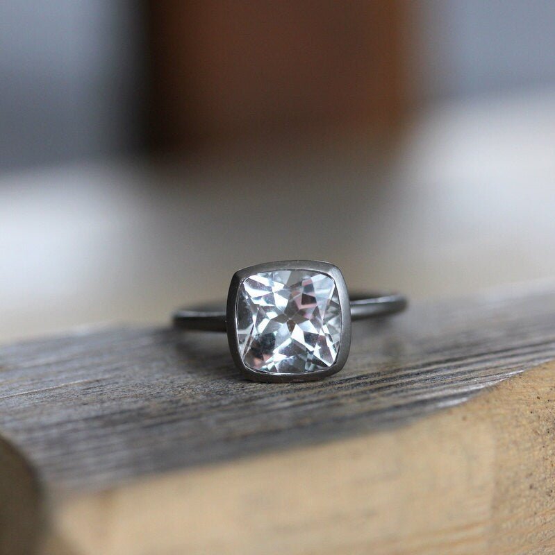 White Topaz Cushion Solitaire in 14k Palladium White Gold Ring - Madelynn Cassin Designs