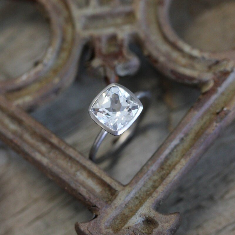 White Topaz Cushion Solitaire in 14k Palladium White Gold Ring - Madelynn Cassin Designs