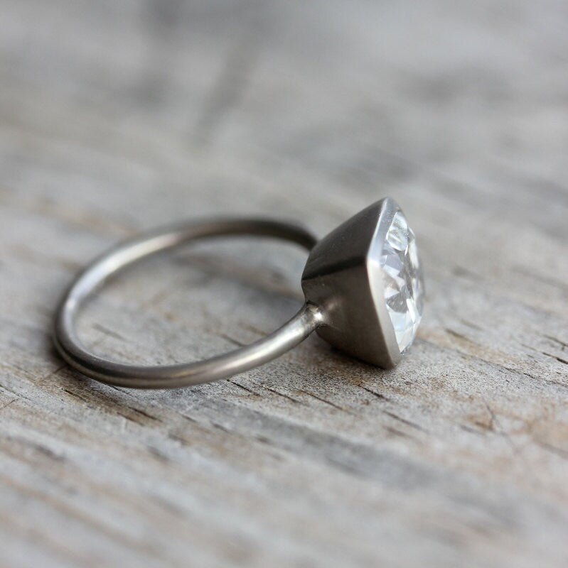 White Topaz Cushion Solitaire in 14k Palladium White Gold Ring - Madelynn Cassin Designs