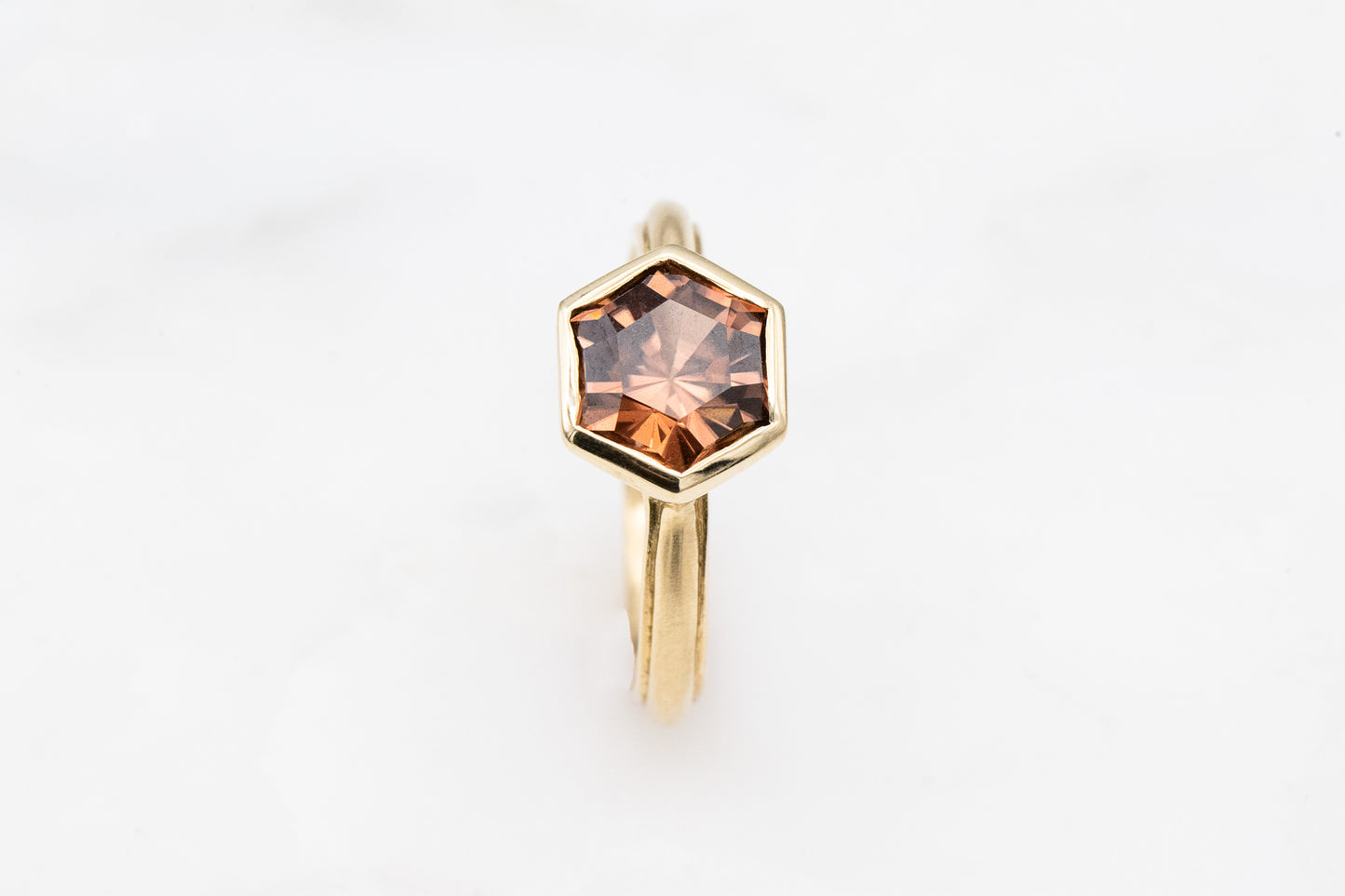 Handmade Tawny Hexagon Ring with a Morganite Stone by Cassin Jewelry.