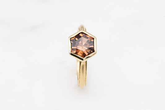 Handmade Tawny Hexagon Ring with a Morganite Stone by Cassin Jewelry.